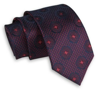 Czerwono-Granatowy Elegancki Męski Krawat -ALTIES- 7,5 cm, Klasyczny, w Koła, Wzór Geometryczny