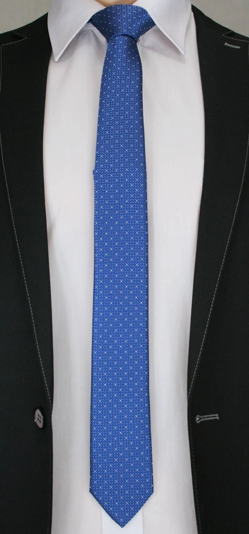 Stylowy Krawat Męski w Drobny Biały Wzór - 6 cm -  Alties, Niebieski