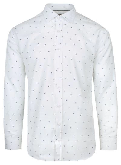 Koszula Bawełniana Biała w Brązowo-Granatowy Geometryczny Wzór, Taliowana, Długi Rękaw -QUICKSIDE
