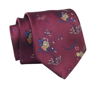 Krawat Bordowy w Kwiatki, 7 cm, Elegancki, Klasyczny, Męski -ALTIES
