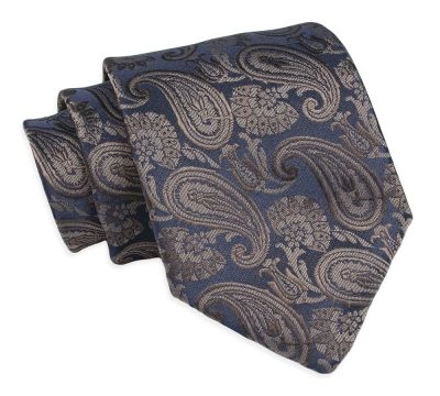 Krawat Klasyczny, Męski, Brązowo-Granatowy, Wzór Paisley, Szeroki 8 cm, Elegancki -CHATTIER