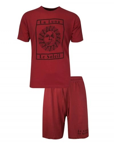 Piżama Męska, Czerwona Dwuczęściowa, Koszulka Krótki Rękaw, Krótkie Spodnie, Bawełniana