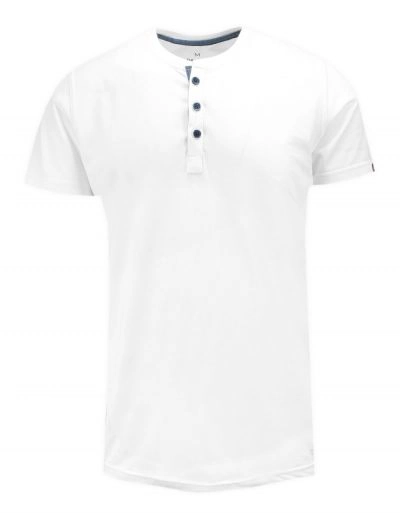 T-shirt Bawełniany, Biały bez Nadruku, Krótki Rękaw, Dekolt z Guzikami -BASTION
