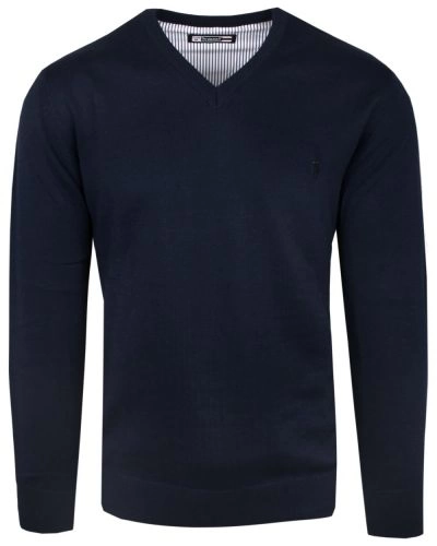 Bawełniany Sweter z Dekoltem w Serek (V-neck) - Granatowy