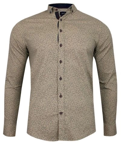 Beżowa Koszula Męska -RIGON- Krój TALIOWANY, Długi Rękaw, Slim Fit, w Listki, Wzór Florystyczny