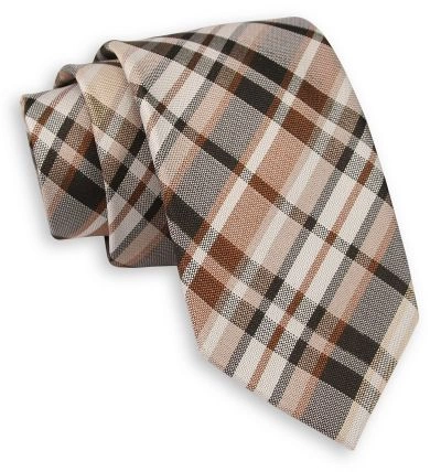 Beżowo-Brązowy Elegancki Krawat -Chattier- 7cm, Męski, w Kratkę