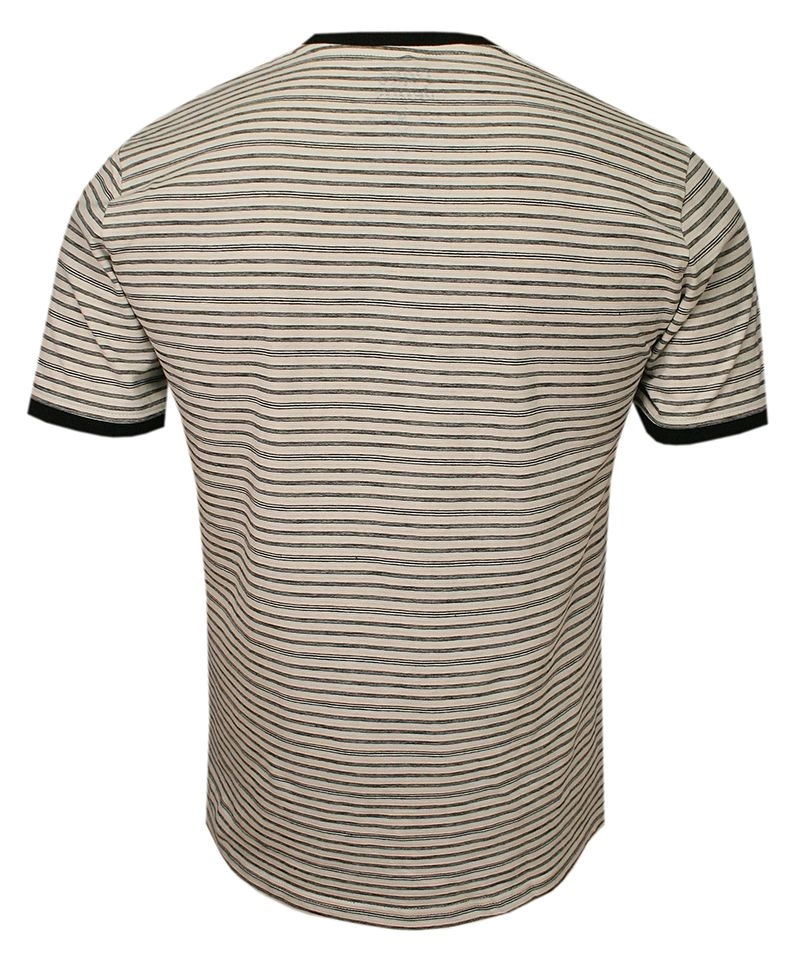 Beżowo-Czarny Bawełniany T-Shirt -PAKO JEANS- Męski, Okrągły Dekolt, Krótki Rękaw, w Paski