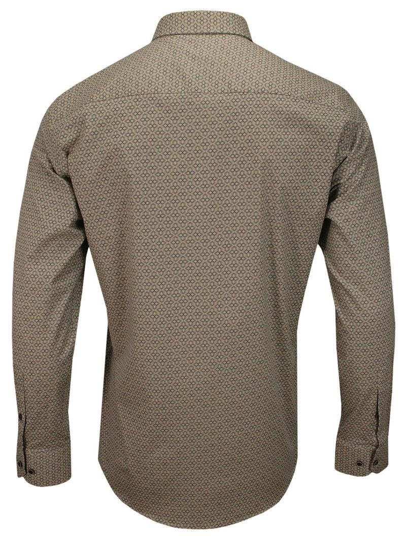 Beżowo-Granatowa Koszula Męska -RIGON- Krój Prosty, Długi Rękaw, Wzór Geometryczny