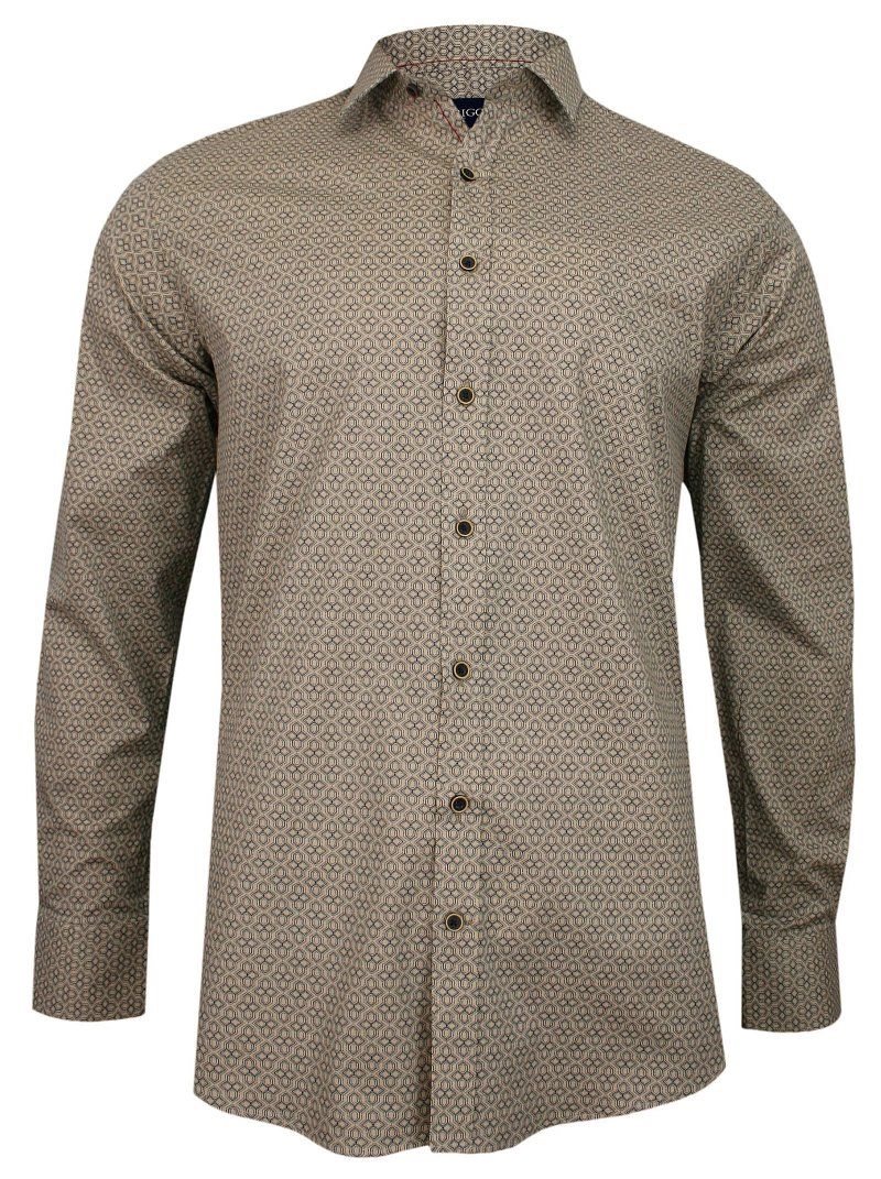 Beżowo-Granatowa Koszula Męska -RIGON- Krój Prosty, Długi Rękaw, Wzór Geometryczny