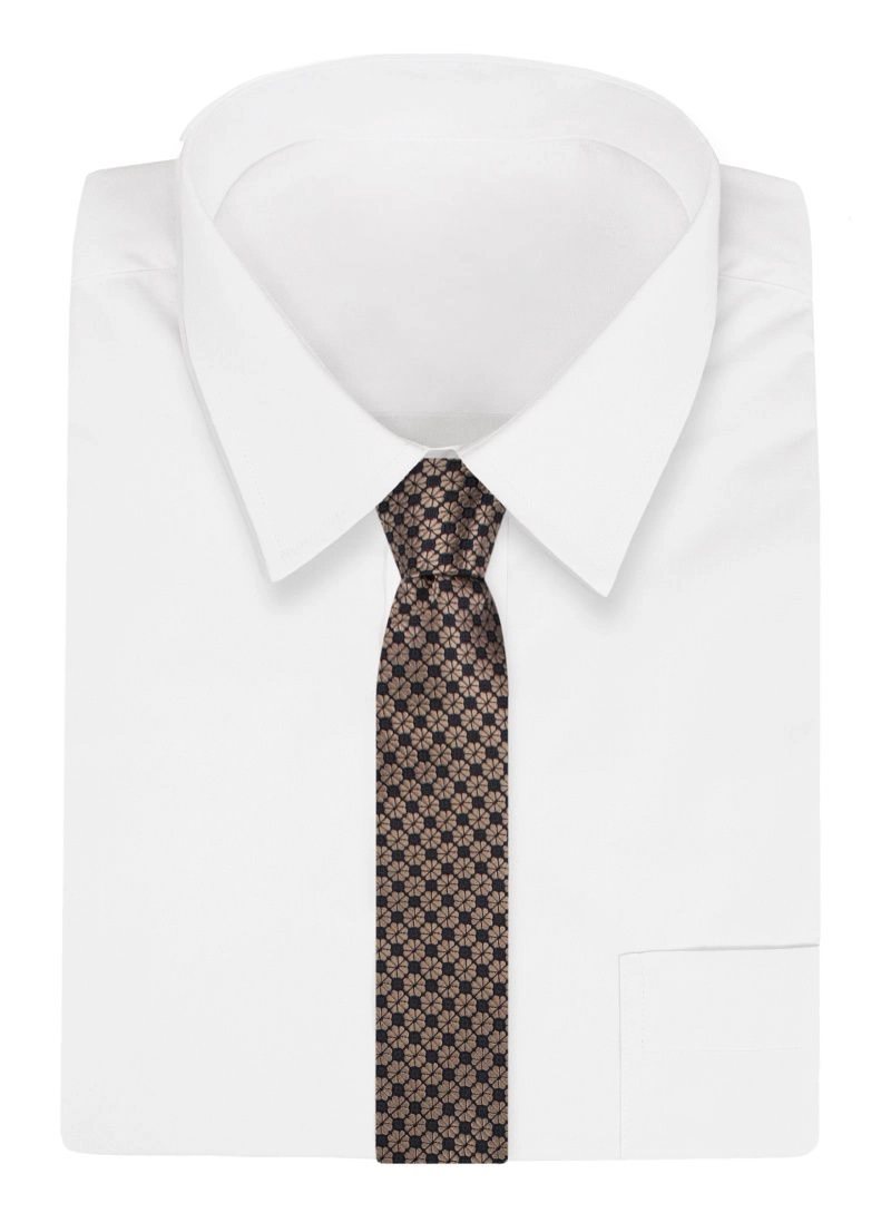 Beżowo-Granatowy Elegancki Męski Krawat -ALTIES- 7 cm, Klasyczny, w Kwiaty