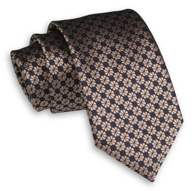 Beżowo-Granatowy Elegancki Męski Krawat -ALTIES- 7 cm, Klasyczny, w Kwiaty