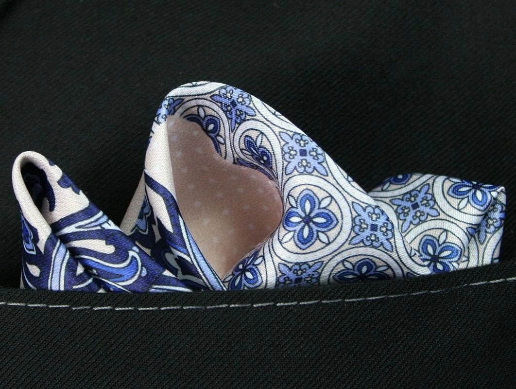 Beżowo-Niebieska Elegancka Męska Poszetka -ALTIES- 24x24 cm, Poczwórny Wzór