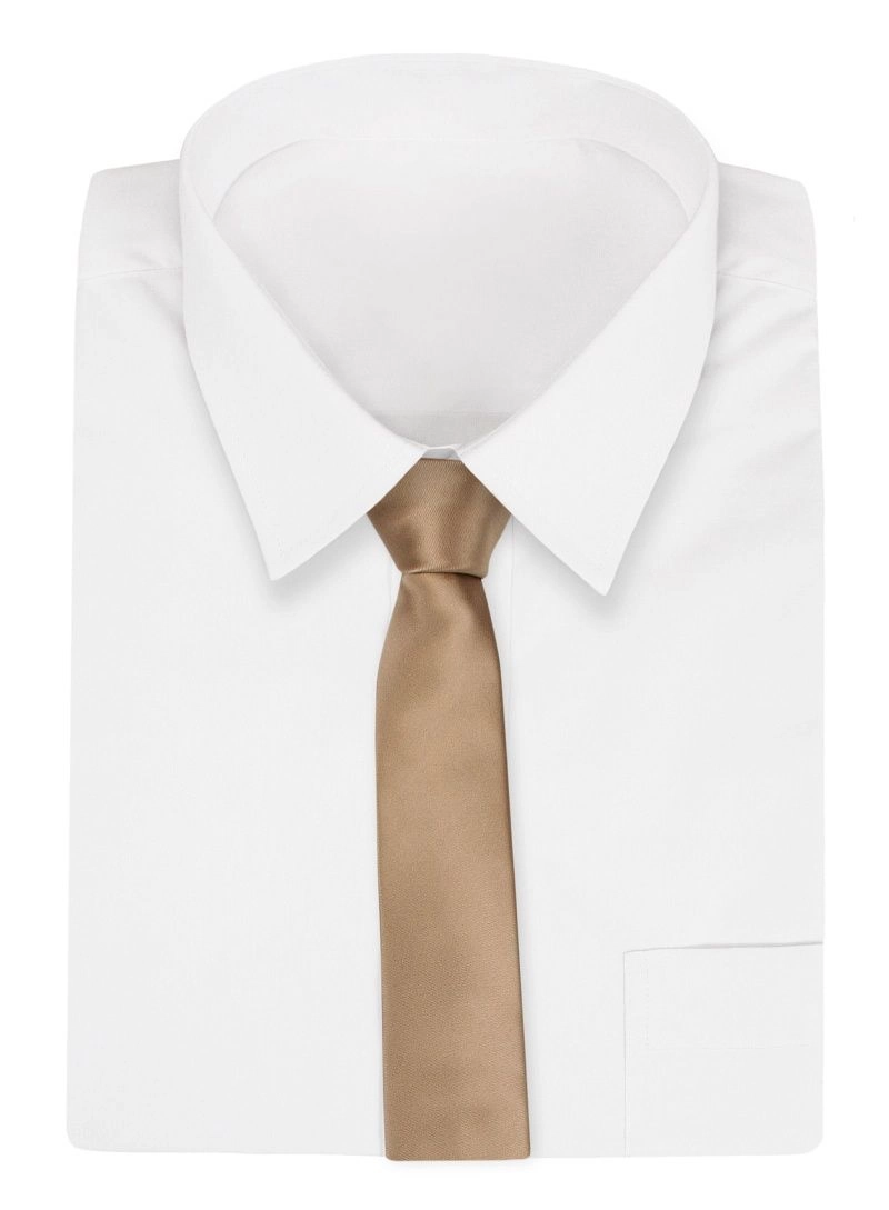 Beżowy Jednokolorowy Krawat (Śledź) Męski -ALTIES- 5 cm, Wąski, Gładki