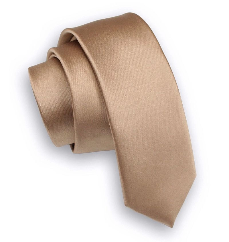 Beżowy Jednokolorowy Krawat (Śledź) Męski -ALTIES- 5 cm, Wąski, Gładki