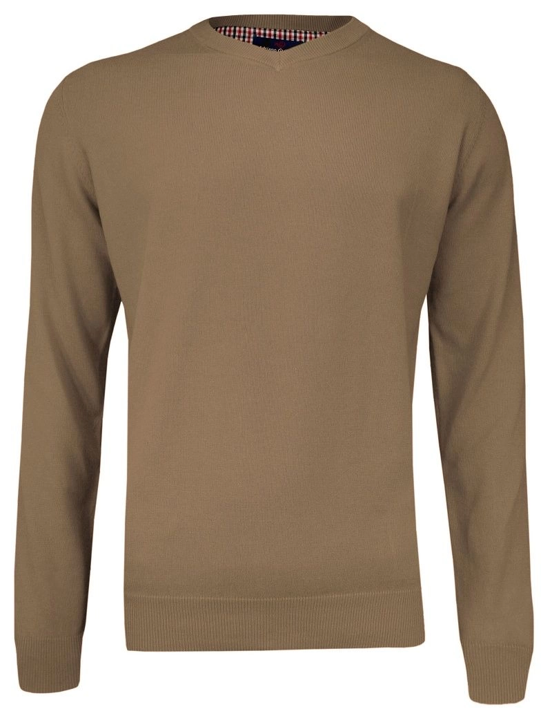 Sweter Beżowy w Serek (V-neck) Klasyczny, Męski, Sepia, Jednokolorowy - Adriano Guinari