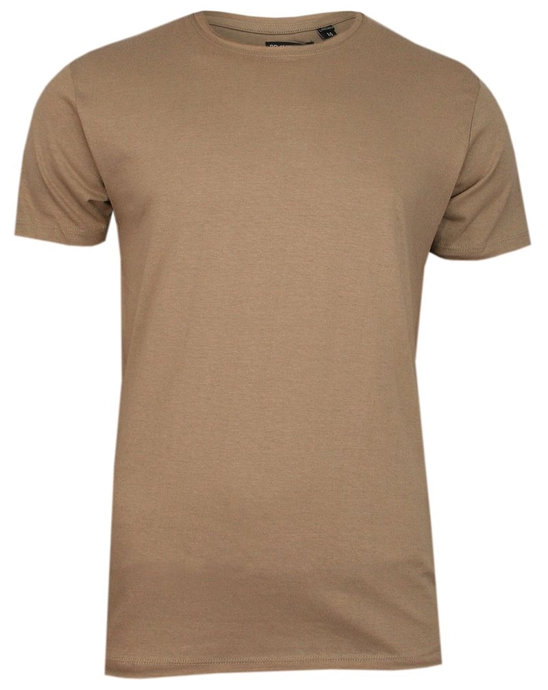 Beżowy T-Shirt (Koszulka) Bez Nadruku -BRAVE SOUL- Męski, Okrągły Dekolt, Postrzępione Brzegi