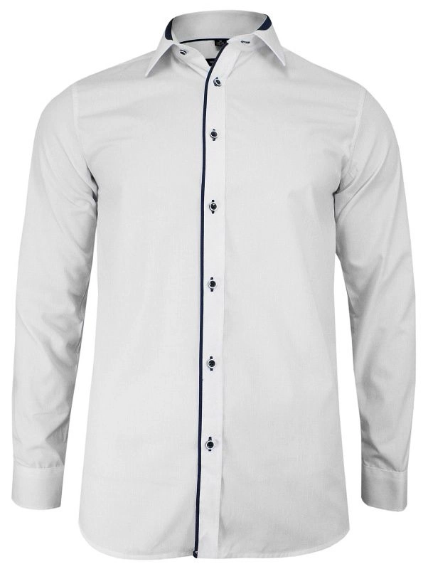 Biała Bawełniana Koszula -GRZEGORZ MODA MĘSKA- Taliowana, Długi Rękaw, z Granatową Lamówką