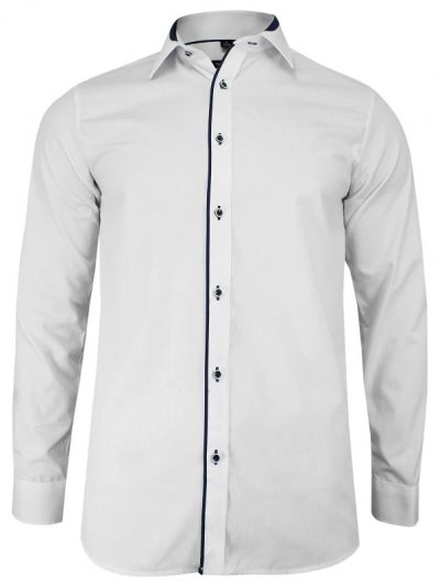 Biała Bawełniana Koszula -GRZEGORZ MODA MĘSKA- Taliowana, Długi Rękaw, z Granatową Lamówką