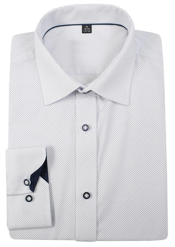 Biała Bawełniana Koszula w Kropki -GRZEGORZ MODA MĘSKA- z Długim Rękawem, Krój Klasyczny