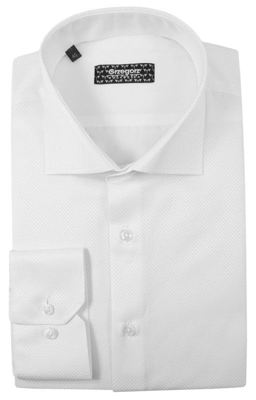 Biała Bawełniana Koszula z Długim Rękawem -GRZEGORZ MODA MĘSKA- Taliowana, Tłoczony Wzór