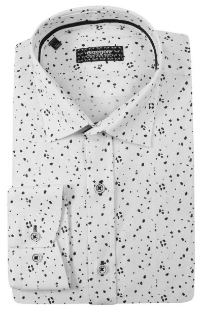 Biała Bawełniana Koszula z Długim Rękawem -GRZEGORZ MODA MĘSKA- Taliowana, w Szare Kropki