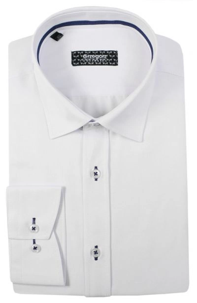 Biała Bawełniana Koszula z Długim Rękawem -GRZEGORZ MODA MĘSKA- Taliowana