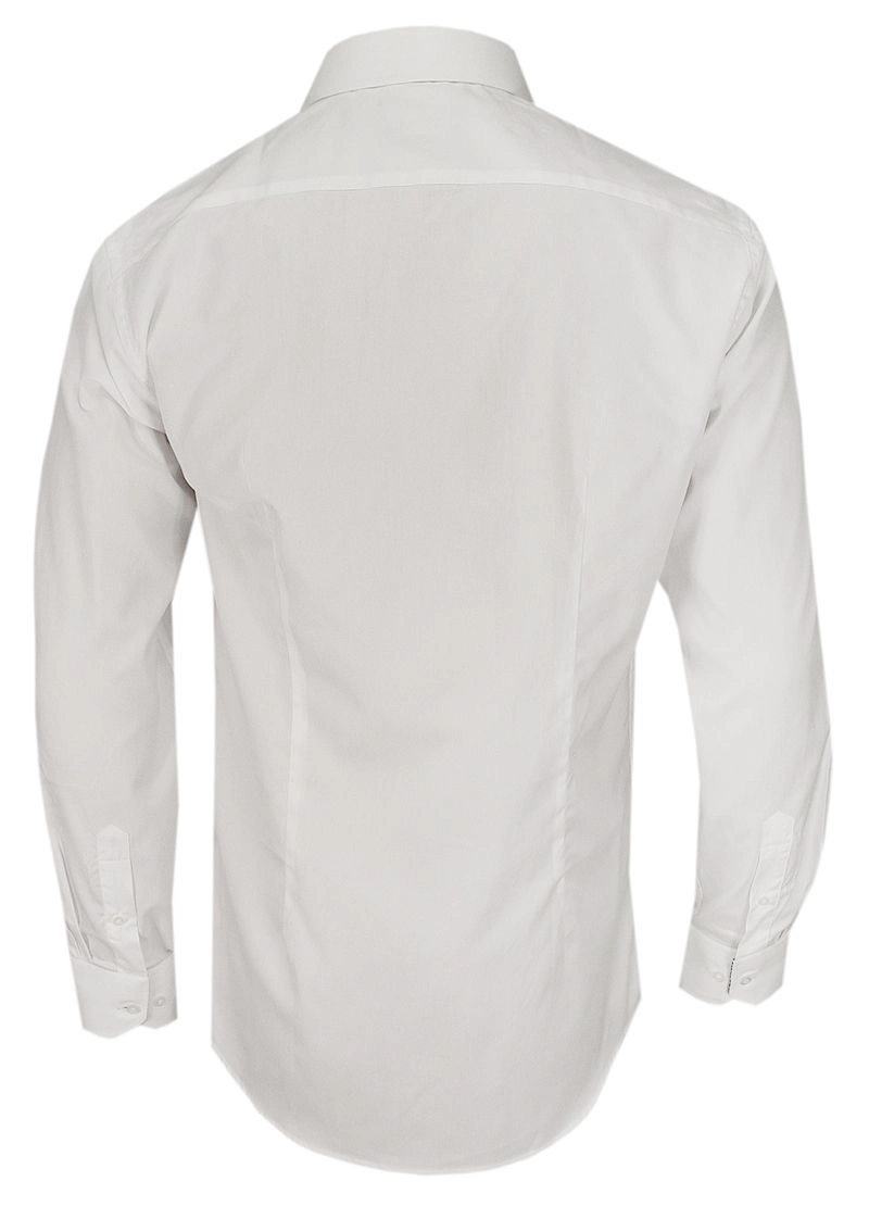 Biała Elegancka Koszula Męska z Długim Rękawem, 100% Bawełna -CHIAO- Taliowana, Granatowe Dodatki