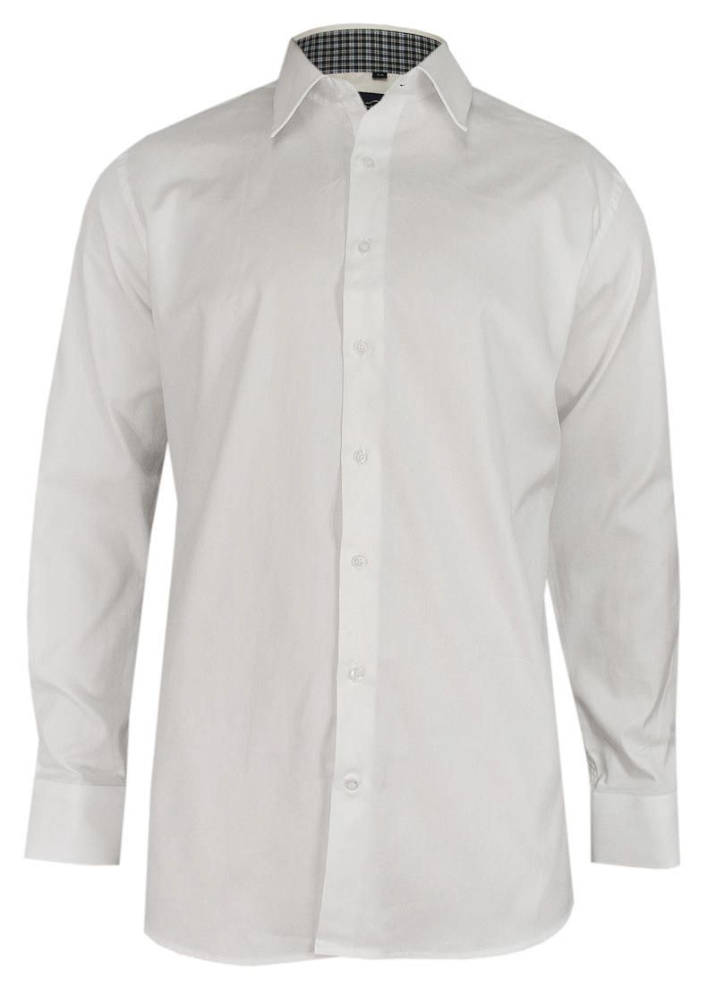 Biała Elegancka Koszula Męska z Długim Rękawem, 100% Bawełna -CHIAO- Taliowana, Granatowe Dodatki