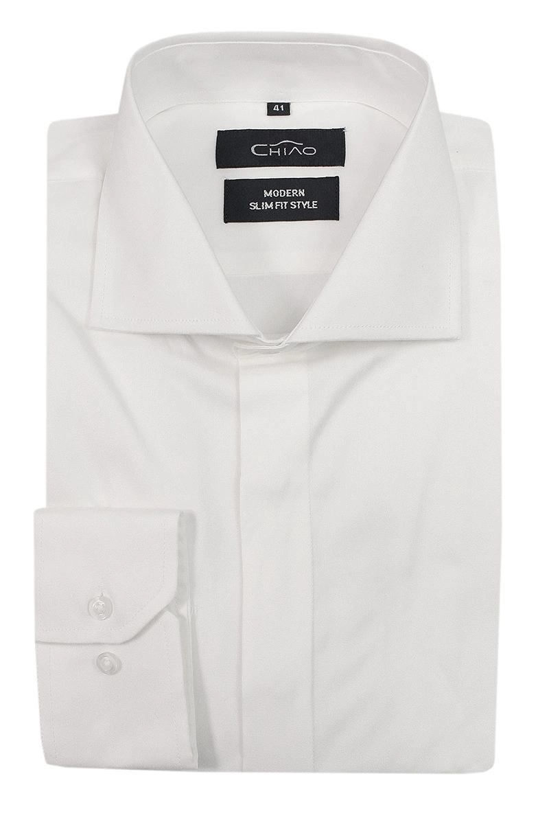 Biała Elegancka Koszula Męska z Długim Rękawem, 100% Bawełna -CHIAO- Taliowana, Wizytowa