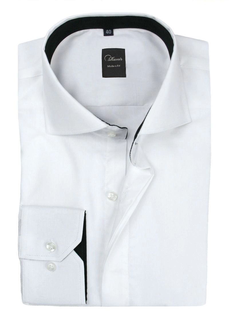 Biała Elegancka Koszula Męska z Długim Rękawem, 100% Bawełna -RANIR- Taliowana, z Plisą