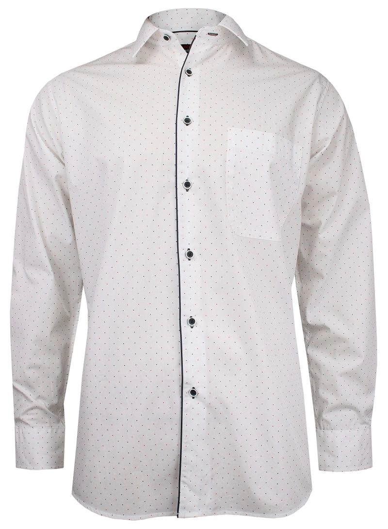 Biała Klasyczna Bawełniana Koszula, Długi Rękaw -JUREL- z Kieszonką, w Granatowo-Czerwone Kropki