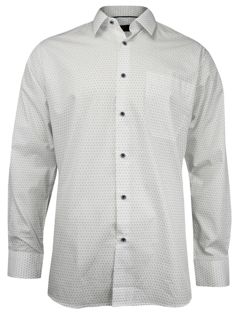 Biała Klasyczna Bawełniana Koszula Męska, Długi Rękaw -JUREL- z Kieszonką, w Granatowy Wzór