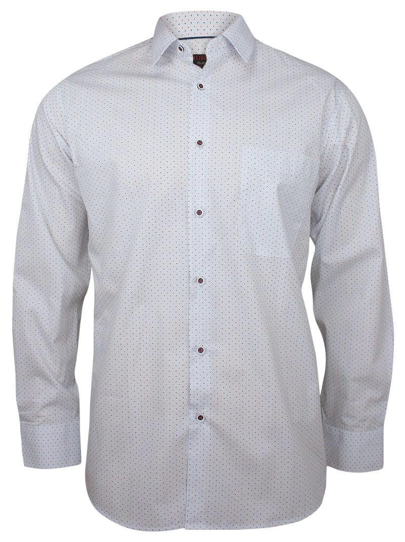 Biała Klasyczna Koszula Męska, Długi Rękaw - JUREL - 100% Bawełna, w Czerwono-Granatowe Kropki