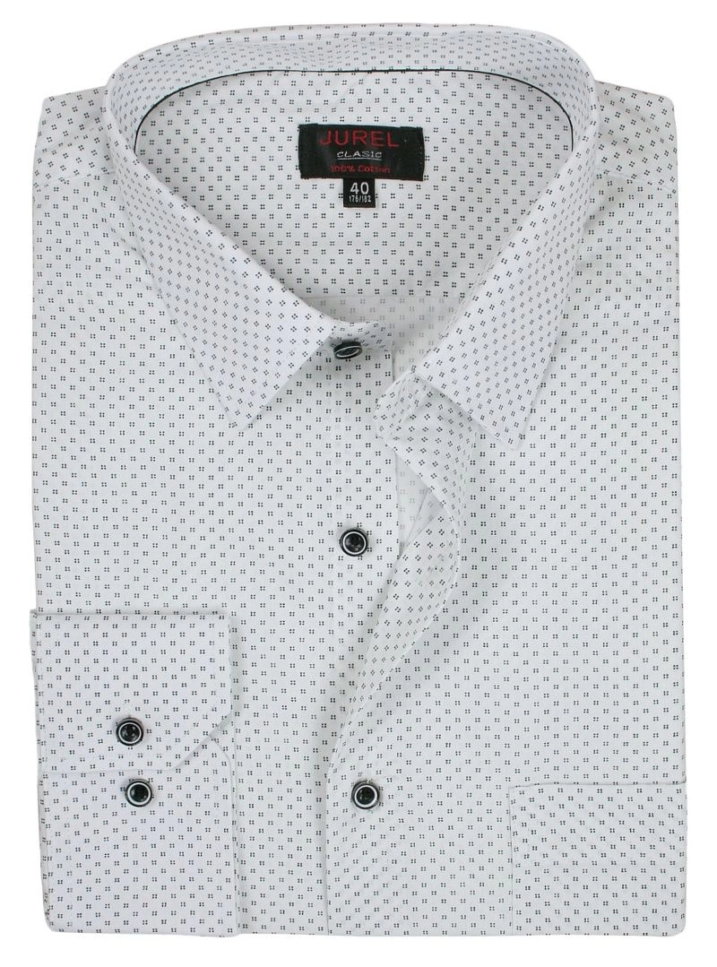 Biała Klasyczna Koszula Męska, Długi Rękaw - JUREL - 100% Bawełna, w Drobne Czarne Kwadraciki