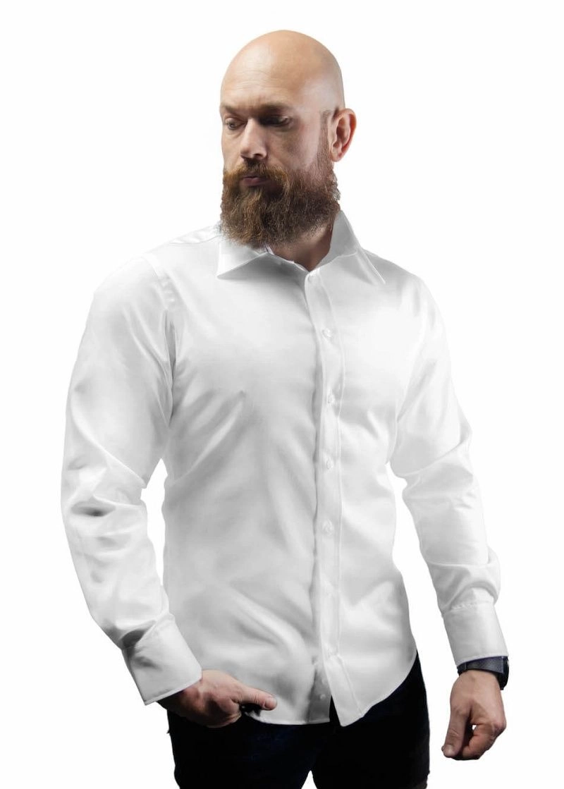 Biała Koszula Męska -ATLETO- Wizytowa z Długim Rękawem, Szeroki w Ramionach, Trójbój Siłowy