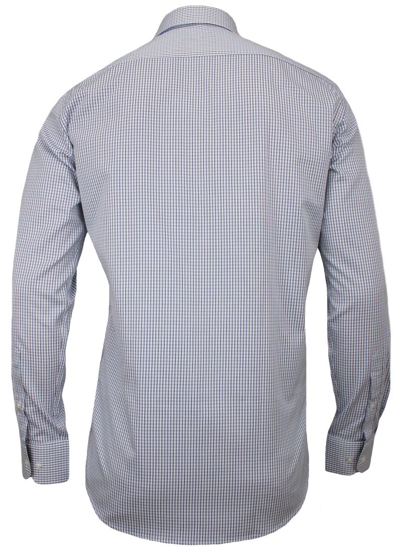 Biała Koszula Męska w Granatowo-Niebieską Kratkę z Długim Rękawem, 100% Bawełna -RANIR- Taliowana