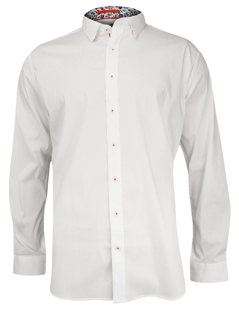 Biała Koszula Męska w Tłoczony Wzór -REY JAY- Slim Fit, z Długim Rękawem, Pomarańczowe Dodatki