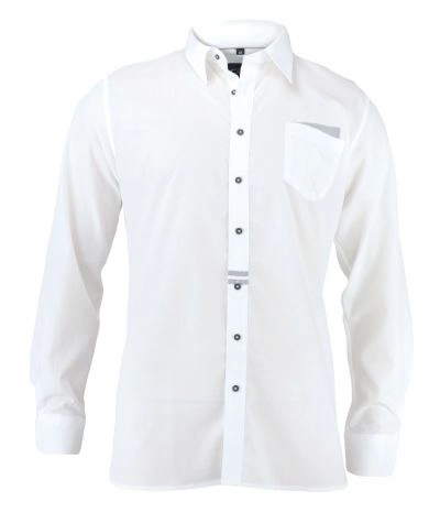 Biała Koszula Męska z Długim Rękawem, 100% Bawełna -CHIAO- Taliowana, Szare Wstawki, z Kieszonką