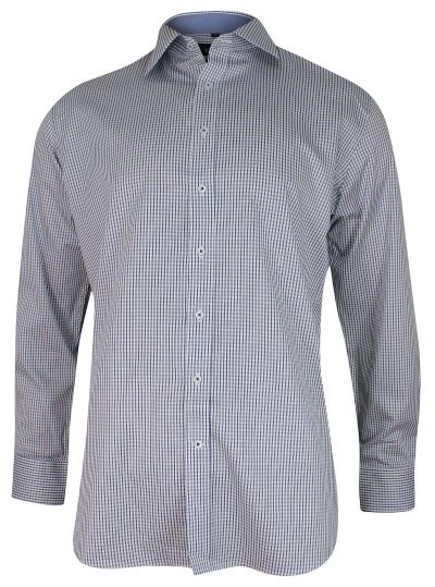 Biała Koszula Męska z Długim Rękawem, 100% Bawełna -CHIAO- Taliowana, w Niebiesko-Szarą Kratkę