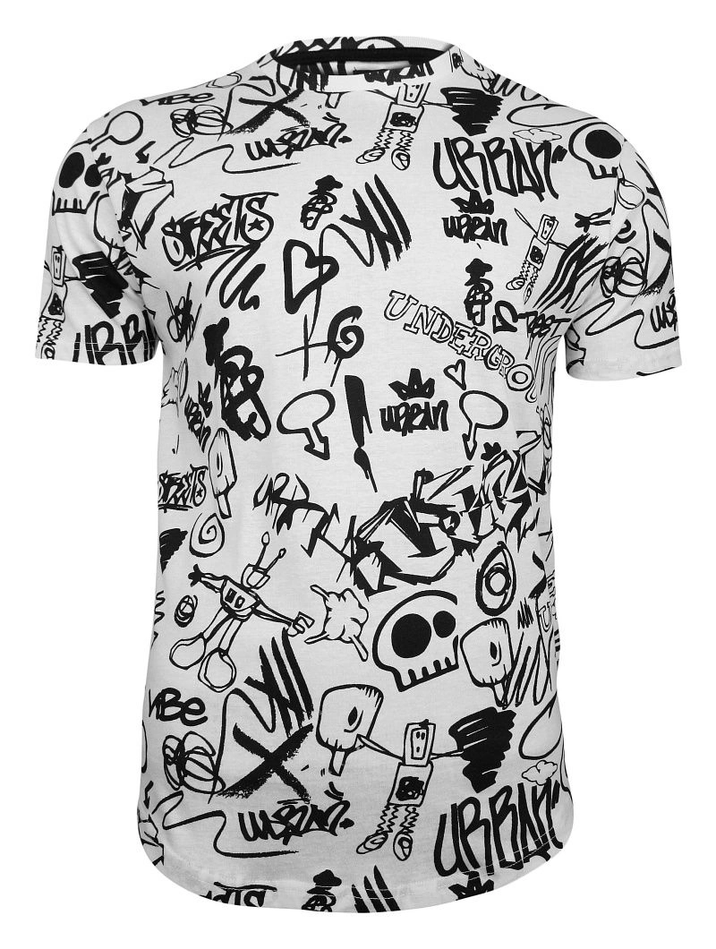 Biało-Czarny T-Shirt (Koszulka) z Nadrukiem -Brave Soul- Męski, 100% Bawełna, Graffiti, Roboty