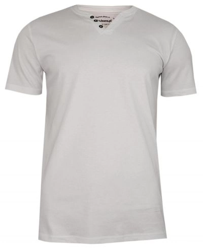 Biały Bawełniany T-Shirt -PAKO JEANS- Męski, Krótki Rękaw, Dekolt w Serek z Guzikami, BASIC