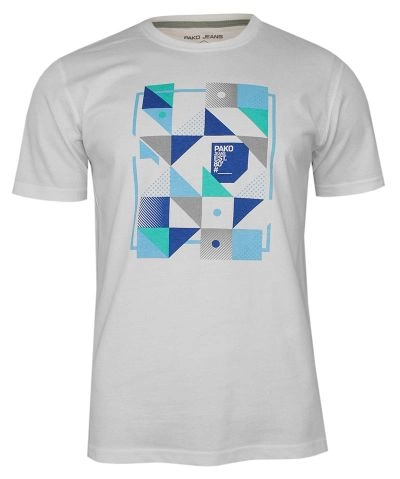 Biały Bawełniany T-Shirt -PAKO JEANS- Męski, Okrągły Dekolt, Krótki Rękaw, z Motywem Geometrycznym