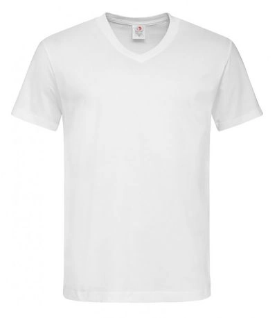 Biały Bawełniany T-Shirt w Serek, Męski Bez Nadruku -STEDMAN- Koszulka, Krótki Rękaw, Basic, V-neck