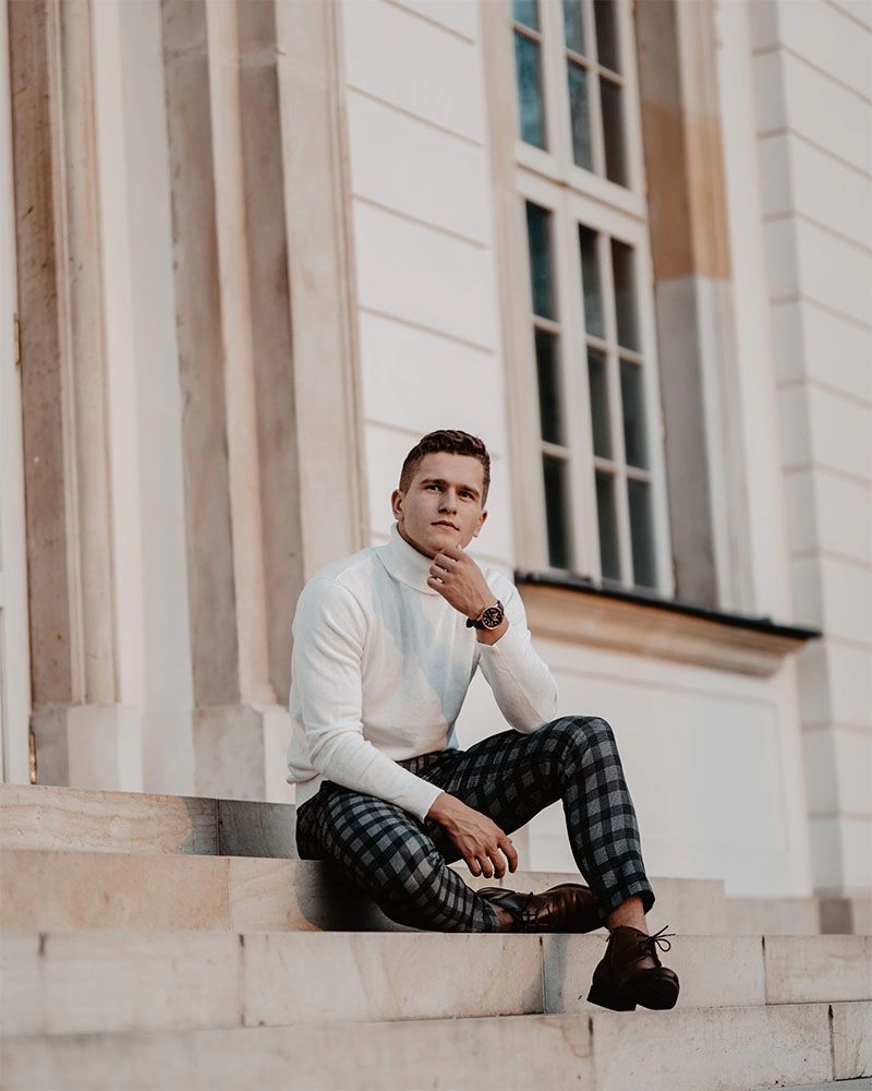 Golf Biały, Kremowy, Elegancki,  Męski -Brave Soul- 100% BAWEŁNA, Klasyczny, Jednokolorowy