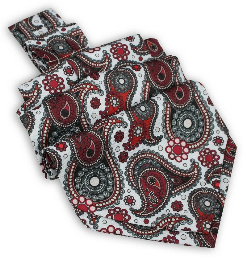 Biały Fular Męski w Bordowy Wzór Paisley -EM Men's Accessories- 100% JEDWAB