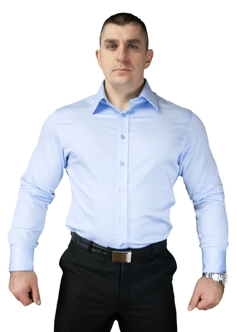 Błękitna Koszula z Długim Rękawem, Męska -ATLETO- Muskularny Kulturysta, Kalistenika