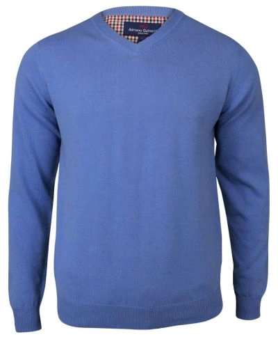 Sweter, Błękitny, Niebieski w Serek, Męski Bawełniany (V-neck), Elegancki - Adriano Guinari