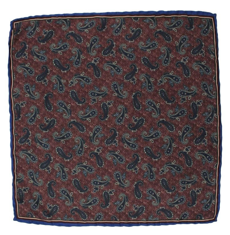 Bordowa Męska Poszetka -EM Men's Accessories- Paisley, Łezki, z Granatową Lamówką