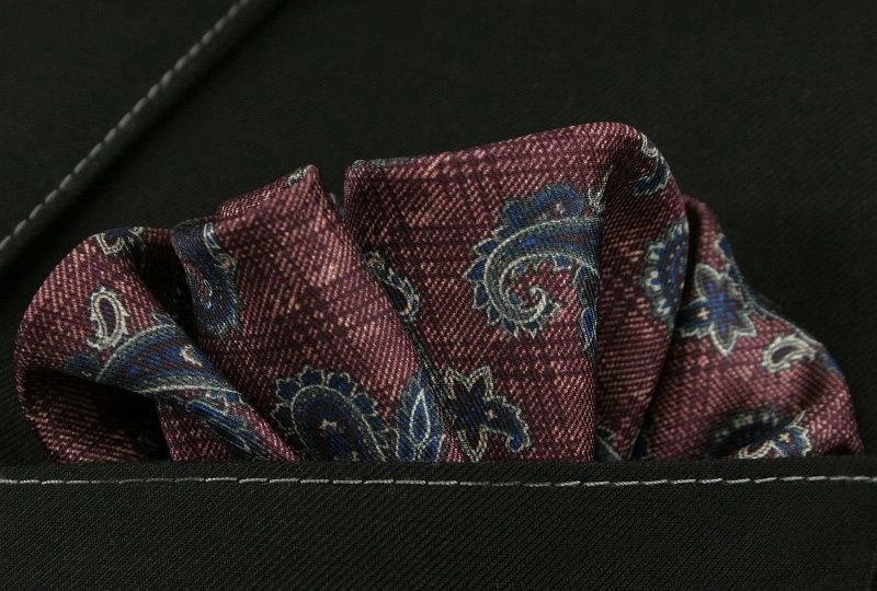 Bordowa Męska Poszetka -EM Men's Accessories- Paisley, Łezki, z Granatową Lamówką