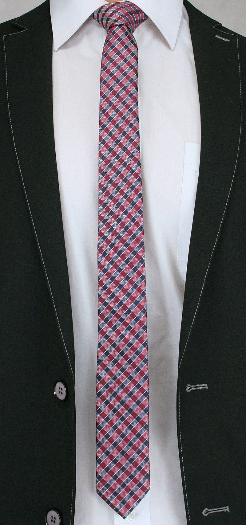 Bordowo-Granatowy Stylowy Krawat (Śledź) Męski -ALTIES- 5 cm, Wąski, w Kratkę